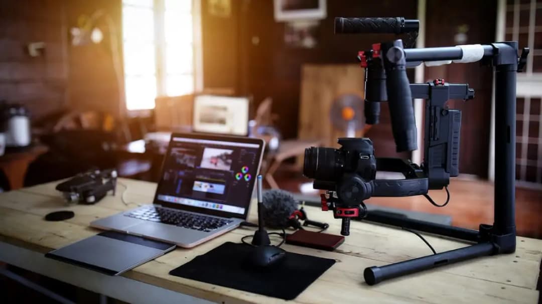 Professional video shoot setup with camera, lighting, and talent reviewing a script.