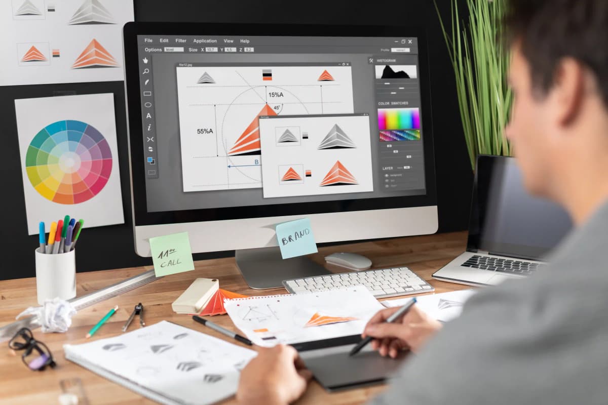 Creative graphic designer working on a branding project, surrounded by sketches, color palettes, and digital mockups.