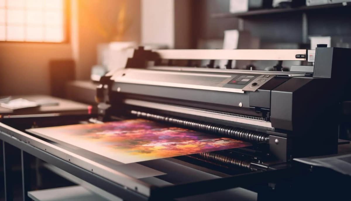 Modern digital printing press precisely applying ink to high-quality paper stock, showcasing vibrant colors.