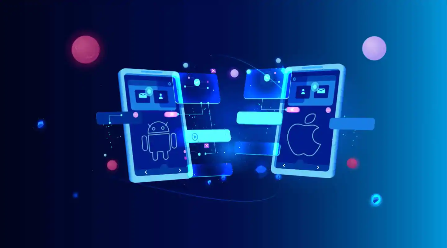 Diagram illustrating code sharing between iOS, Android, and potentially web using a cross-platform framework.