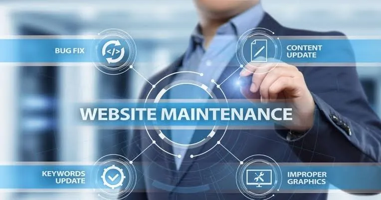 Illustration symbolizing digital maintenance: gears turning smoothly, security shields, and performance charts trending upwards.